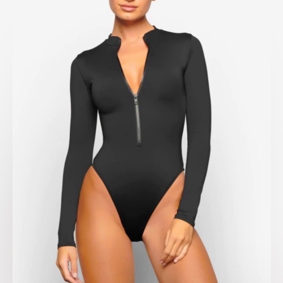 SKIMS Other - NEW Skims Signature Swim Zip Front Long Sleeve Black Swimsuit
